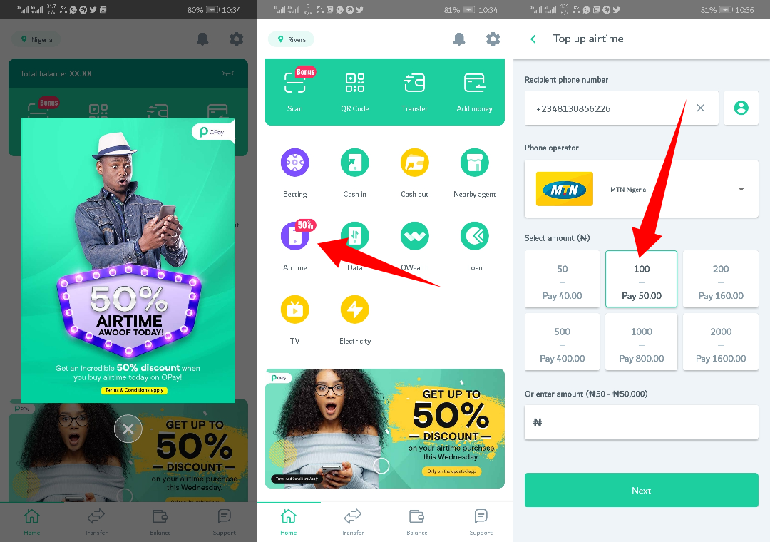 Opay 50% off discount on all airtime recharge only: n1500 gives you n3000