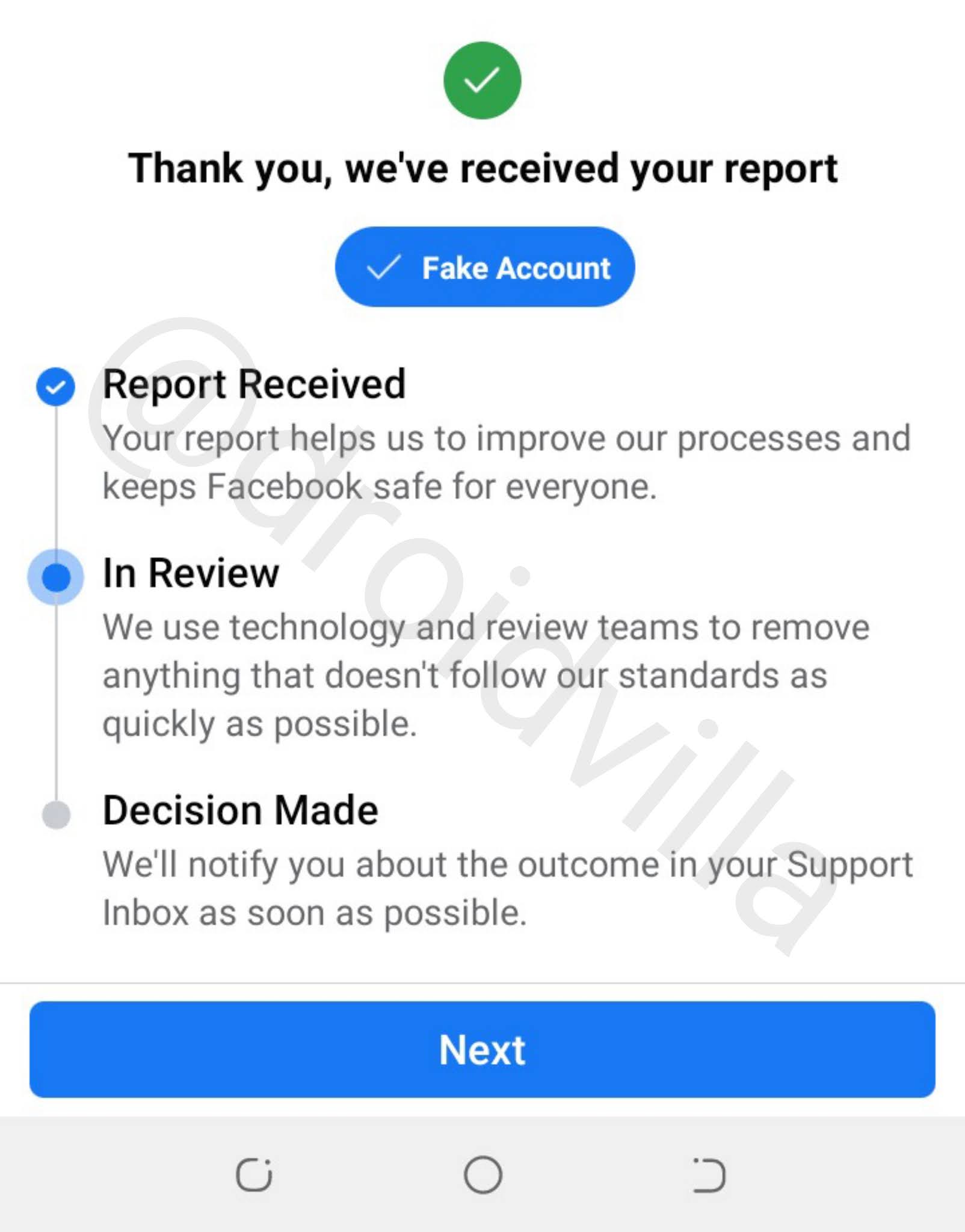 Facebook account report successful