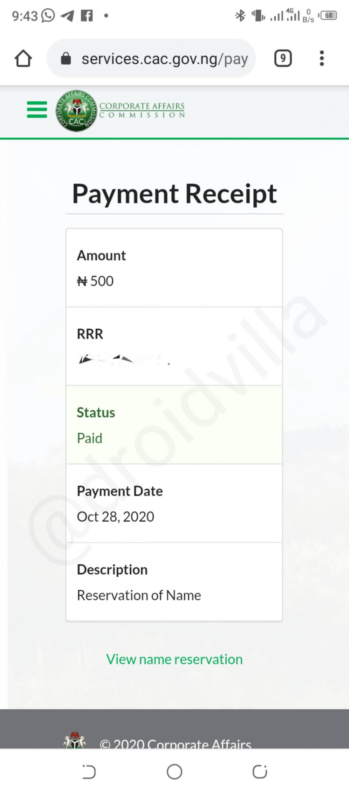Cac reserve name payment