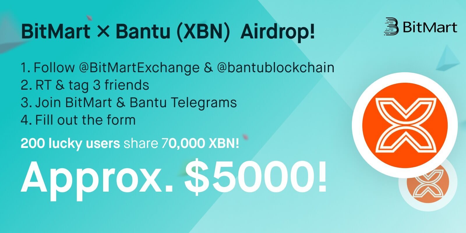 Amazing : Bitmart × Bantu(XBN) 70000 XBN Airdrop