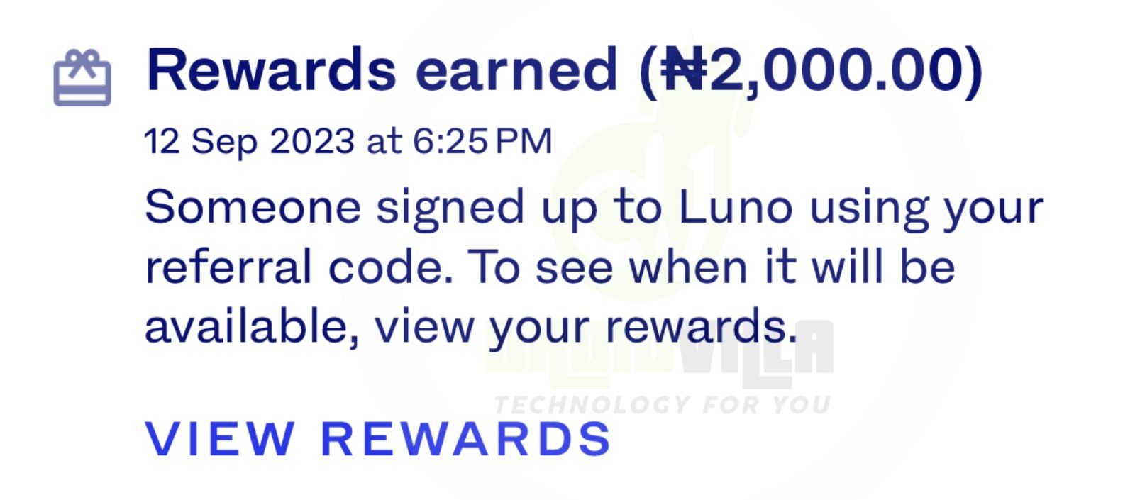 Luno refer and earn Reward earned NGN2000