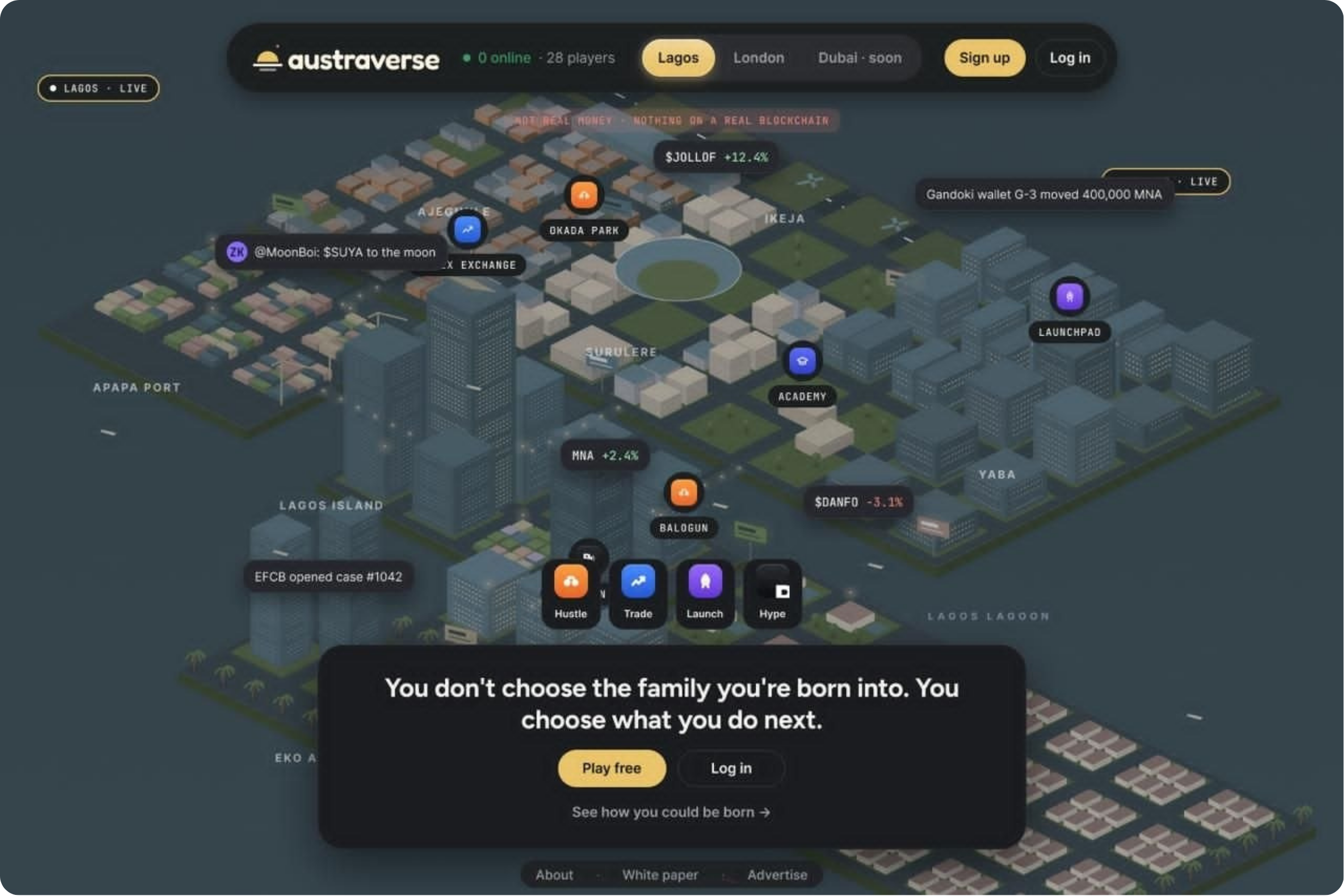 Austraverse free 3D crypto city with live coin ticker in Lagos